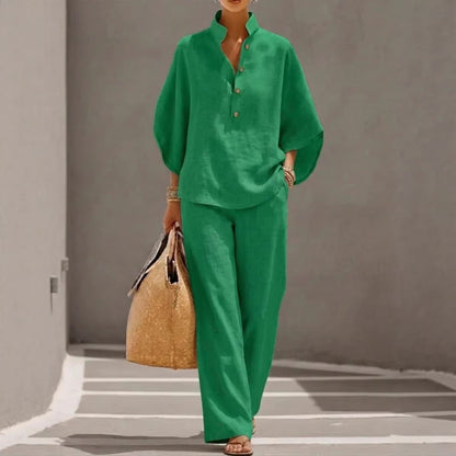 Light Women's Suit Kit - Stand-Collar Pullover Top, Balloon Sleeves, Straight-Leg Trousers, Polyester, For Office