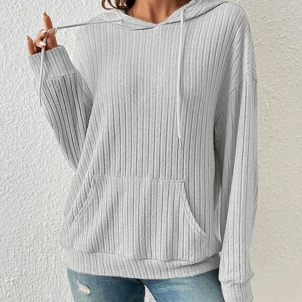 Plush Relaxed Women's Hooded Pullover - Ribbed Knit, Casual