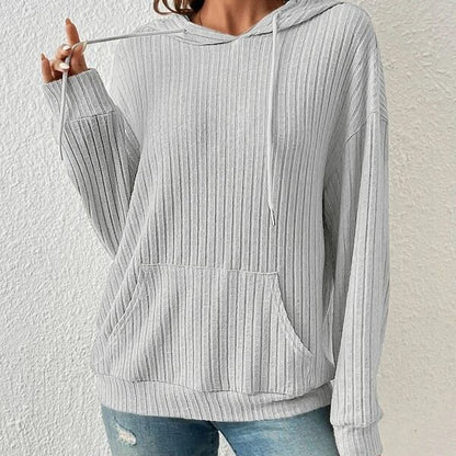 Plush Relaxed Women's Hooded Pullover - Ribbed Knit, Casual