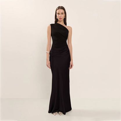 women's Fitted dress - asymmetric one-shoulder sheath, satin, for formal evening events and special occasions