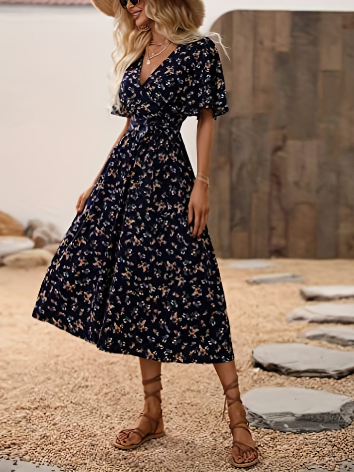 Feminine Boho Summer Dress with V-Neck and Flutter Sleeves, Lightweight Breathable Fabric, Available in Black and Red-6