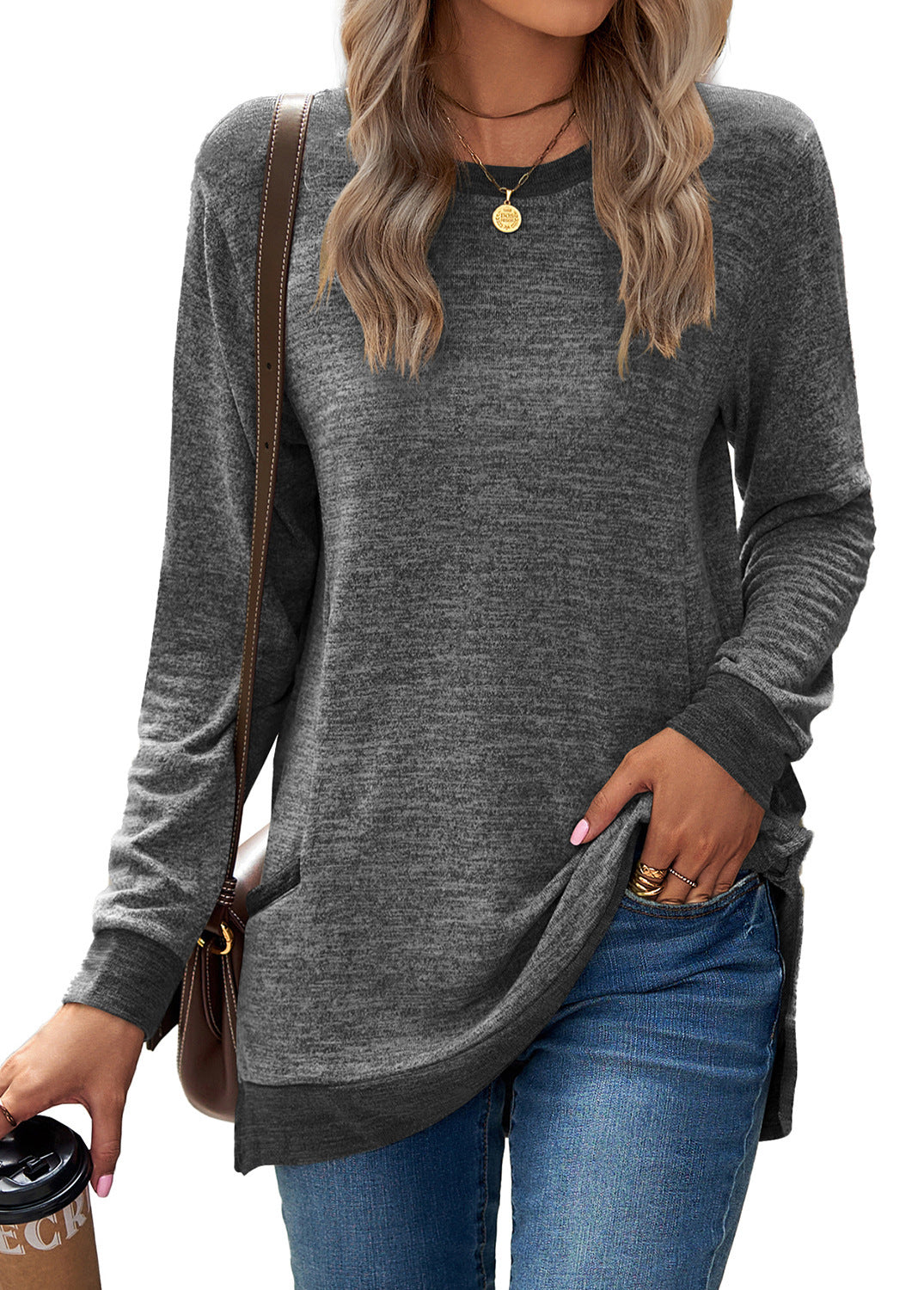 Plush Relaxed Women’s Long Sleeve Pullover - Round Neck Tunic, Cotton Cashmere Knit, Pocketed Mid Length Top For Casual Wear