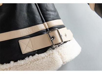 Unisex Warm Jacket - Shearling-Lined Faux Leather, Biker Style, Zip Front, For Winter Wear
