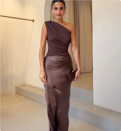 women's Fitted dress - asymmetric one-shoulder sheath, satin, for formal evening events and special occasions
