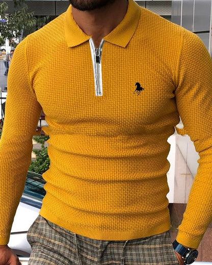 Plush Textured Men's Polo Sweater - Patterned Knit, Cotton