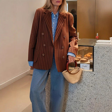 Light women's striped blazer jacket - retro, double-breasted, polyester, for spring/autumn