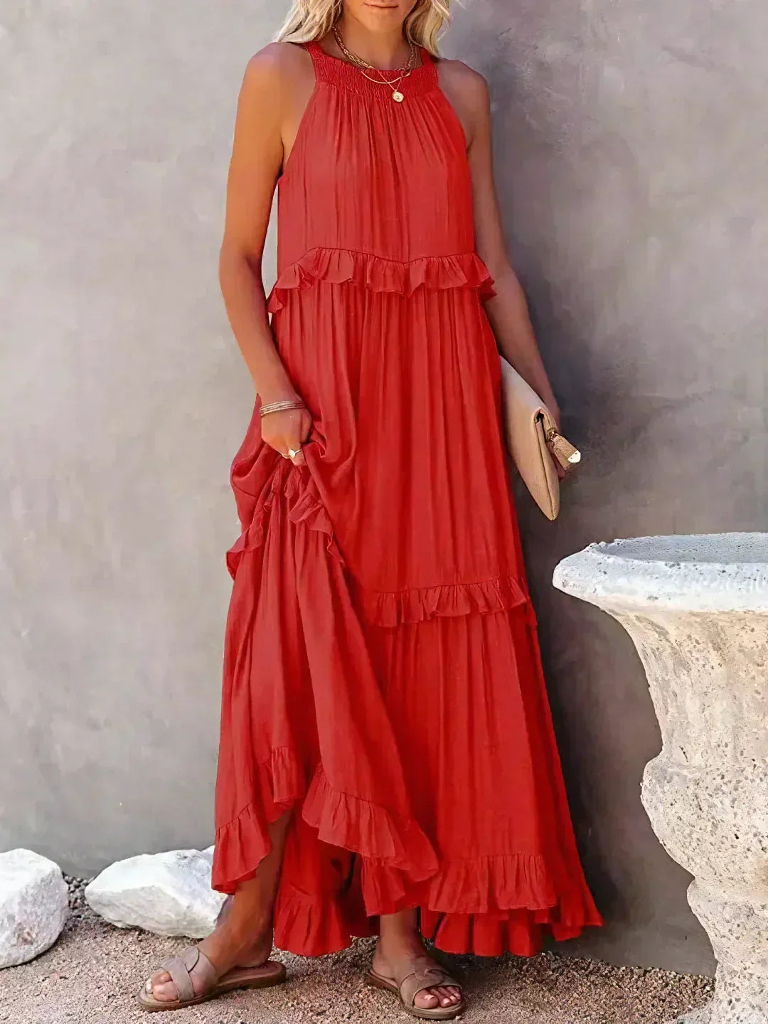 Variant image for Elegant Halter Ruffle Floral Maxi Dress for Women, Lightweight Bohemian Long Dress, Flowing Fit-13