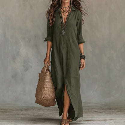 Plush women's flowy maxi dress - long-sleeve lapel-collar, solid, beach vacation