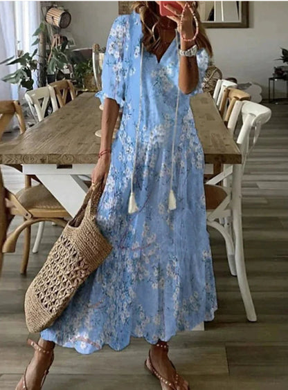 Light Women's Dress - Bohemian Print, V-Neck, Long Sleeves, Mid Waist, Casual Regular Wear