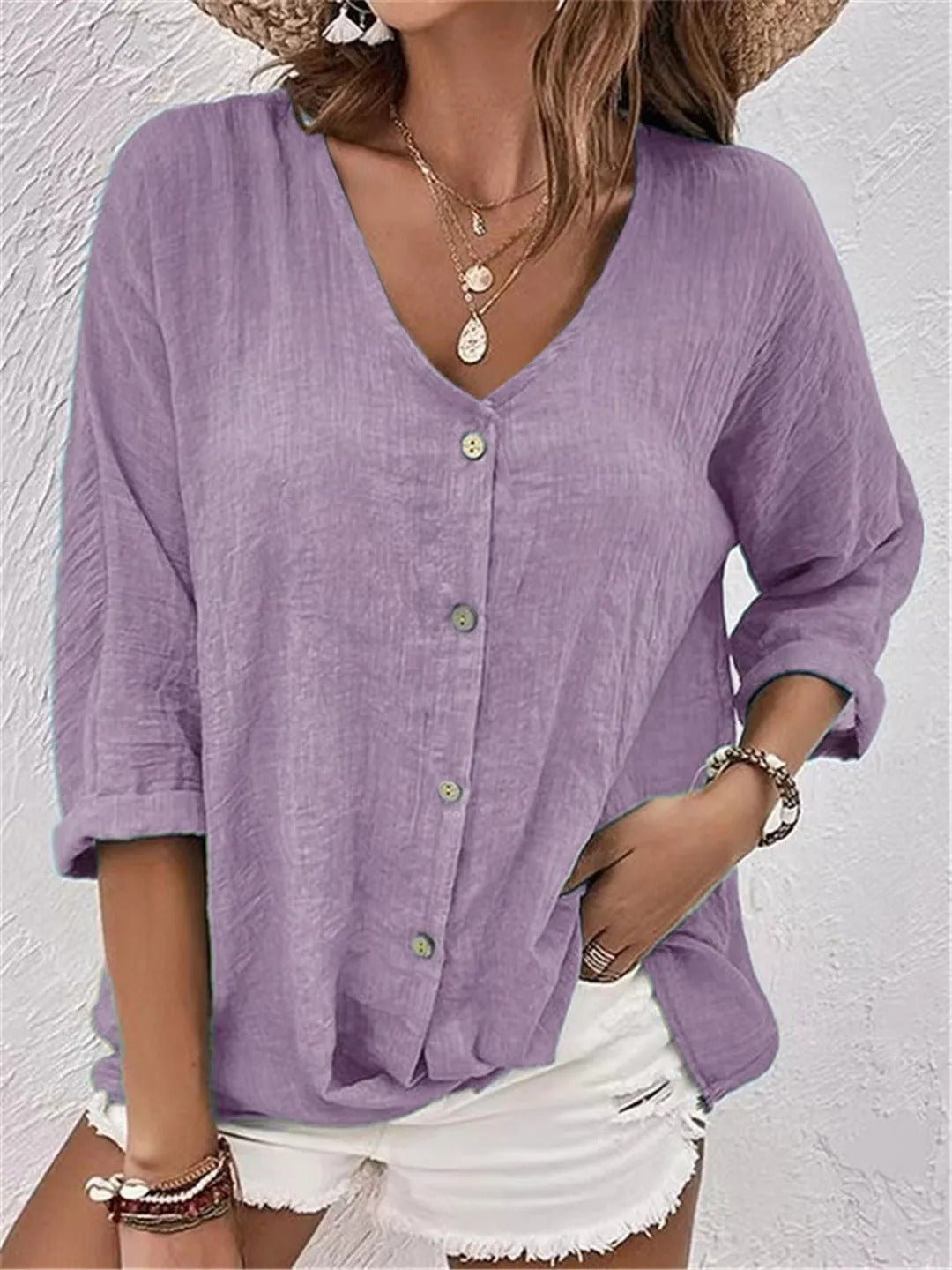 Variant image for V-Neck Button-Up Women's Top - Lightweight Blouse for Women, Versatile Casual Elegance, Flattering Fit, Sizes S-3XL-19