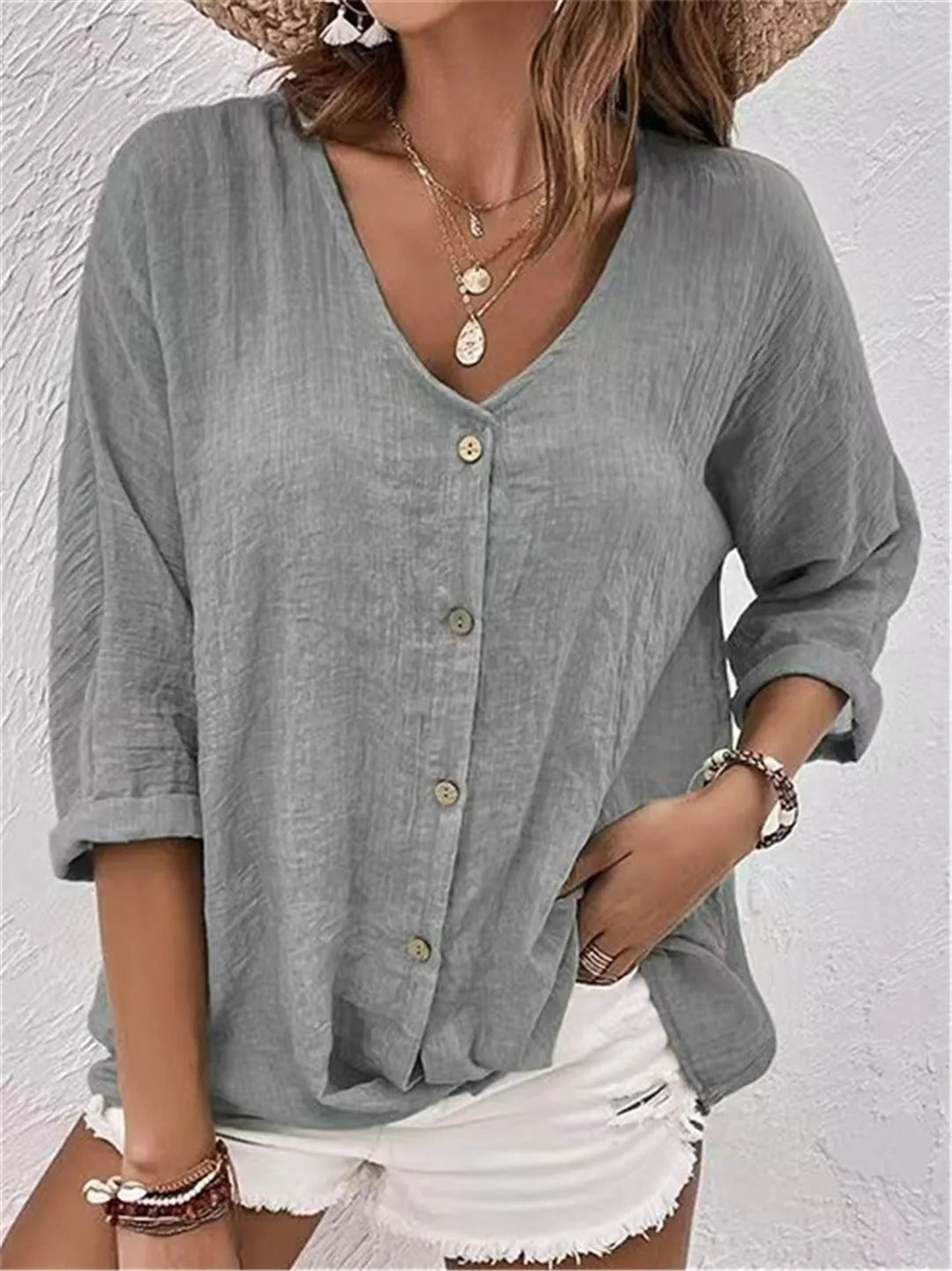 Variant image for V-Neck Button-Up Women's Top - Lightweight Blouse for Women, Versatile Casual Elegance, Flattering Fit, Sizes S-3XL-13
