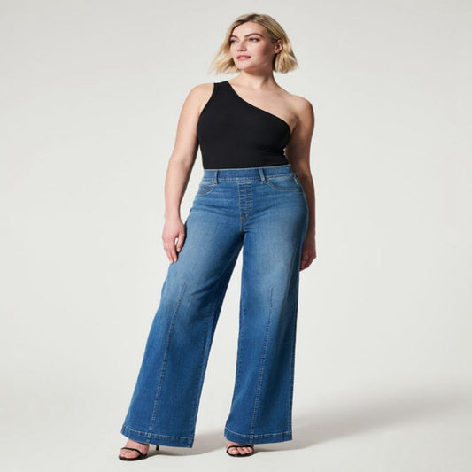 and Stretchy Flattering Women’s Wide-Leg Jeans - High-Rise Knitted Denim, Smooth Waistband, Weekend