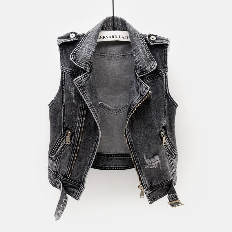 Women's Fitted Denim Vest - Moto Crop, Distressed, Casual