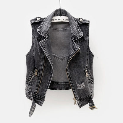 Women's Fitted Denim Vest - Moto Crop, Distressed, Casual