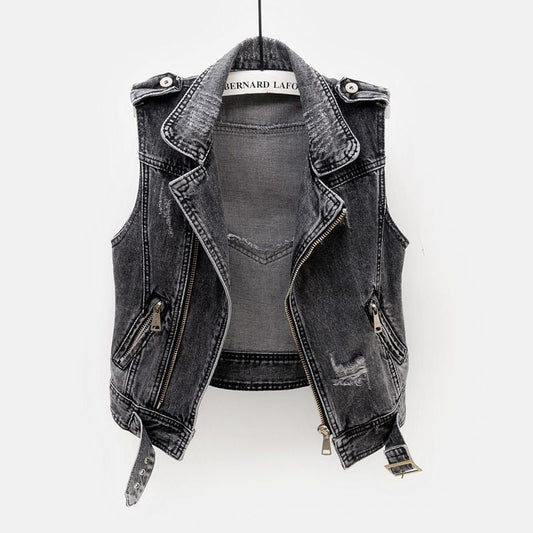 Women's Fitted Denim Vest - Moto Crop, Distressed, Casual