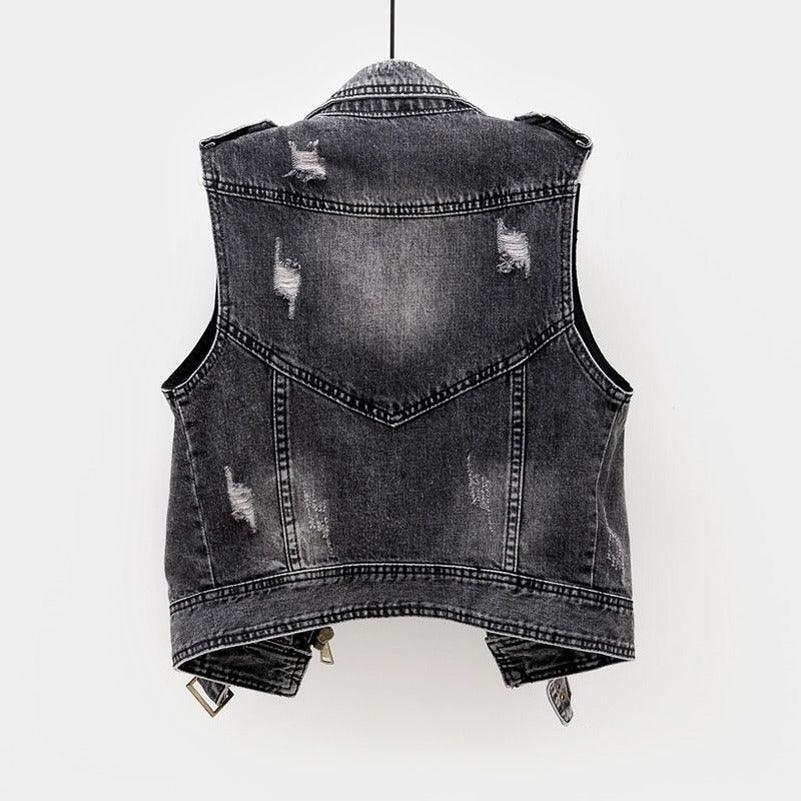 Women's Fitted Denim Vest - Moto Crop, Distressed, Casual