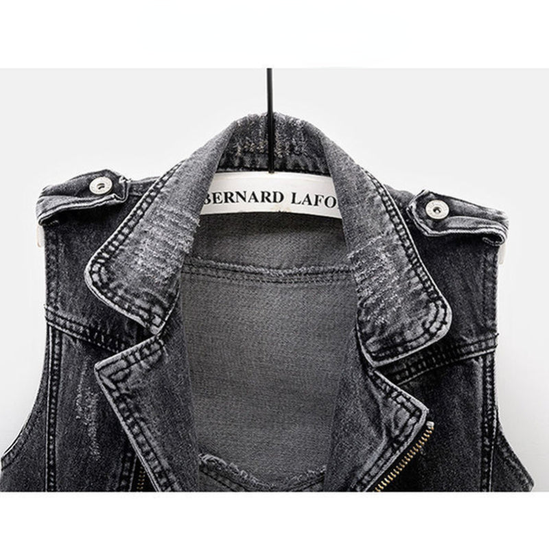 Women's Fitted Denim Vest - Moto Crop, Distressed, Casual