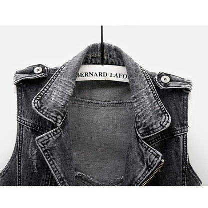 Women's Fitted Denim Vest - Moto Crop, Distressed, Casual