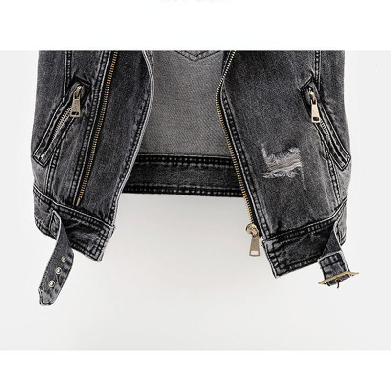 Women's Fitted Denim Vest - Moto Crop, Distressed, Casual