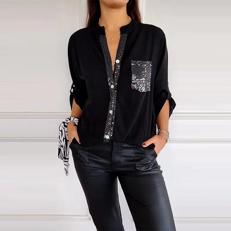 Casual Button Top with Sequins - Trendy Women's Wear for Any Occasion