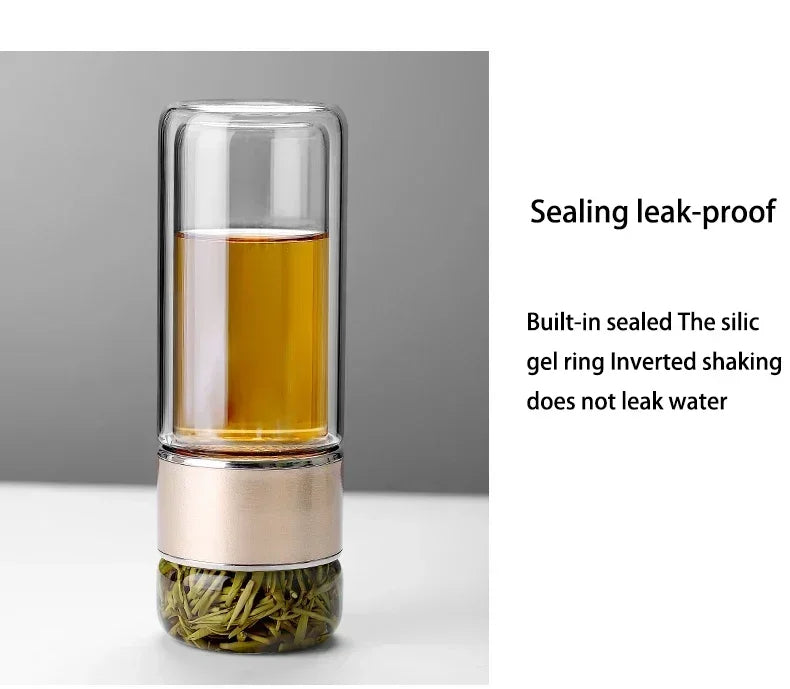 Infuser Tea Bottle Borosilicate Glass 430ml Double Layer With Built-In Strainer Leak-Proof Lid Fall 2025 Gift