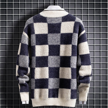 Mens Warm Crew Sweater - Checked Knit, Nylon, For Winter