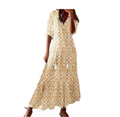 Light Women's Dress - Bohemian Print, V-Neck, Long Sleeves, Mid Waist, Casual Regular Wear