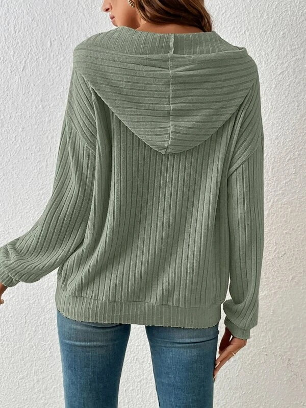 Plush Relaxed Women's Hooded Pullover - Ribbed Knit, Casual