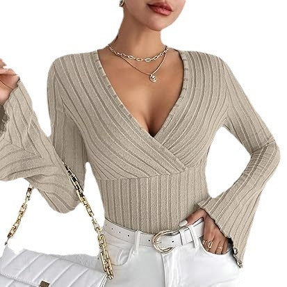 Women’s Stretchy Long Sleeve Top - V Neck, Ribbed Knit