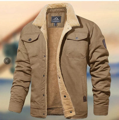 Warm Sturdy Men's Jacket - Trucker Cut, Sherpa Lined Cotton Canvas, For Fall And Winter
