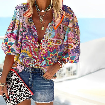 Mandala Printed Women's Shirt in Soft Knitted Fabric, Relaxed Fit for Autumn and Winter-1
