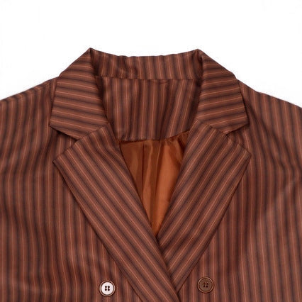 Light women's striped blazer jacket - retro, double-breasted, polyester, for spring/autumn