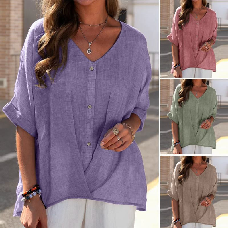 women's Breathable top - V-neck, short sleeve, relaxed fit, cotton-linen blend, casual wear