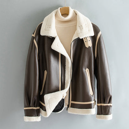 Unisex Warm Jacket - Shearling-Lined Faux Leather, Biker Style, Zip Front, For Winter Wear