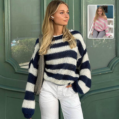 Cozy Oversized Women’s Pullover Sweater - Striped Knit