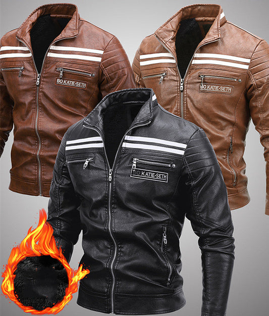 men's Warm leather motorcycle jacket - biker-cut with quilted shoulders and racing stripes, PU leather, for autumn rides
