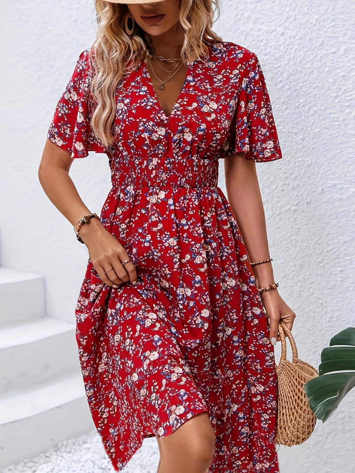 Feminine Boho Summer Dress with V-Neck and Flutter Sleeves, Lightweight Breathable Fabric, Available in Black and Red-4
