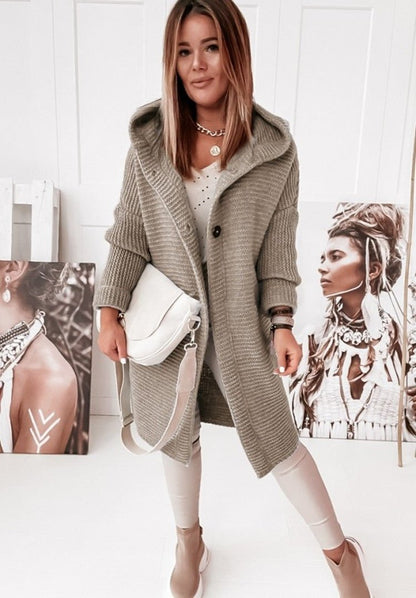 Plush Relaxed Women’s Hooded Cardigan - Long Ribbed Knit