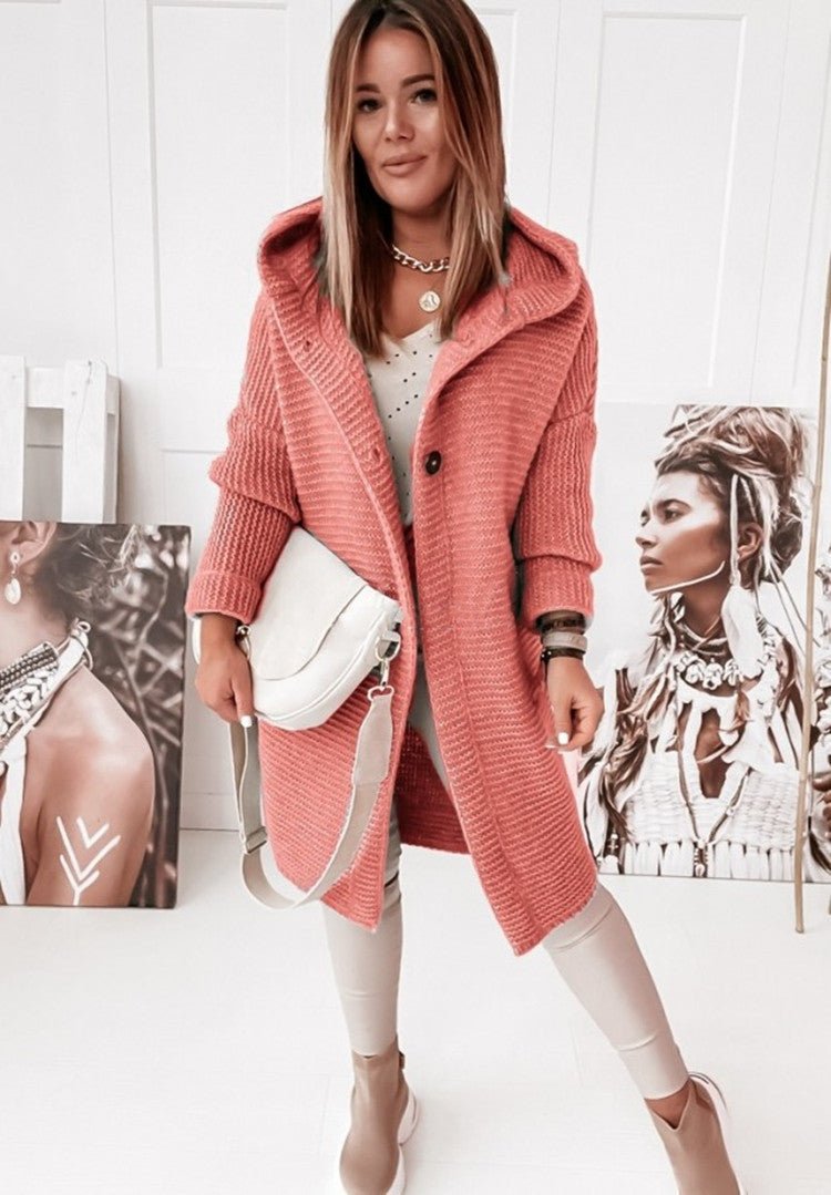 Plush Relaxed Women’s Hooded Cardigan - Long Ribbed Knit