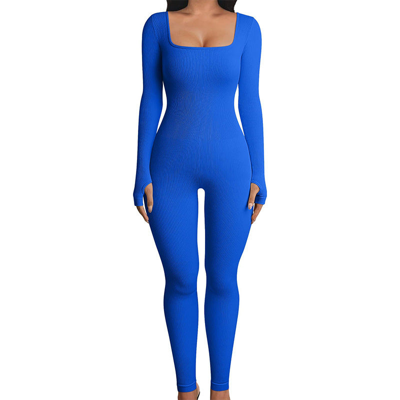 Long Sleeve Square Neck, Ribbed Nylon-Spandex, Seamless Yoga Athleisure – Stretchy Flattering Women’s Jumpsuit