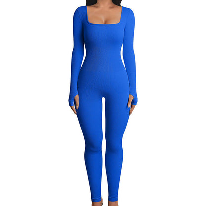 Long Sleeve Square Neck, Ribbed Nylon-Spandex, Seamless Yoga Athleisure – Stretchy Flattering Women’s Jumpsuit
