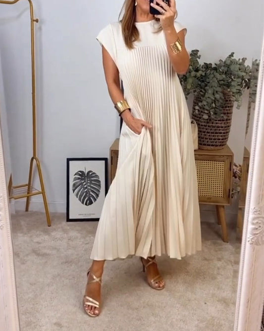 Elegant Sleeveless Pleated Womens Dress in Solid Color - Versatile Summer Wedding Guest or Cocktail Formal Dress-1