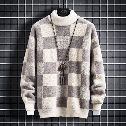 Mens Warm Crew Sweater - Checked Knit, Nylon, For Winter