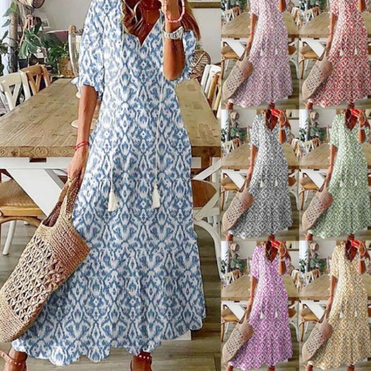 Light Women's Dress - Bohemian Print, V-Neck, Long Sleeves, Mid Waist, Casual Regular Wear