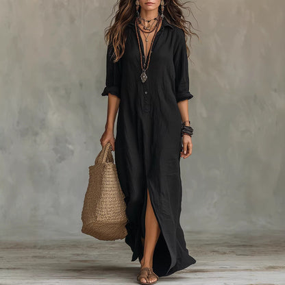 Plush women's flowy maxi dress - long-sleeve lapel-collar, solid, beach vacation