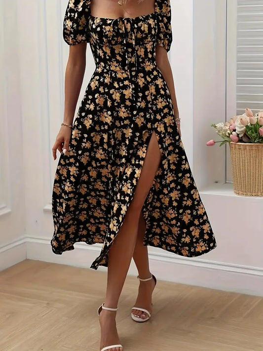 A-Line Floral Summer Dress with Puffed Sleeves for Women - Lightweight Formal Wedding Guest Dresses in Yellow, Green, Pink, Blue-1
