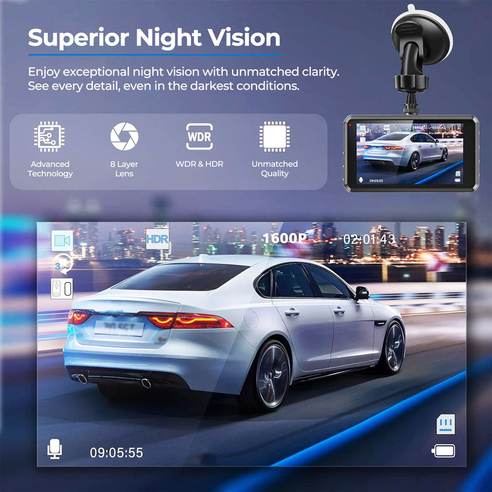 Dual UHD Dash Cam With Night Vision And Parking Monitor