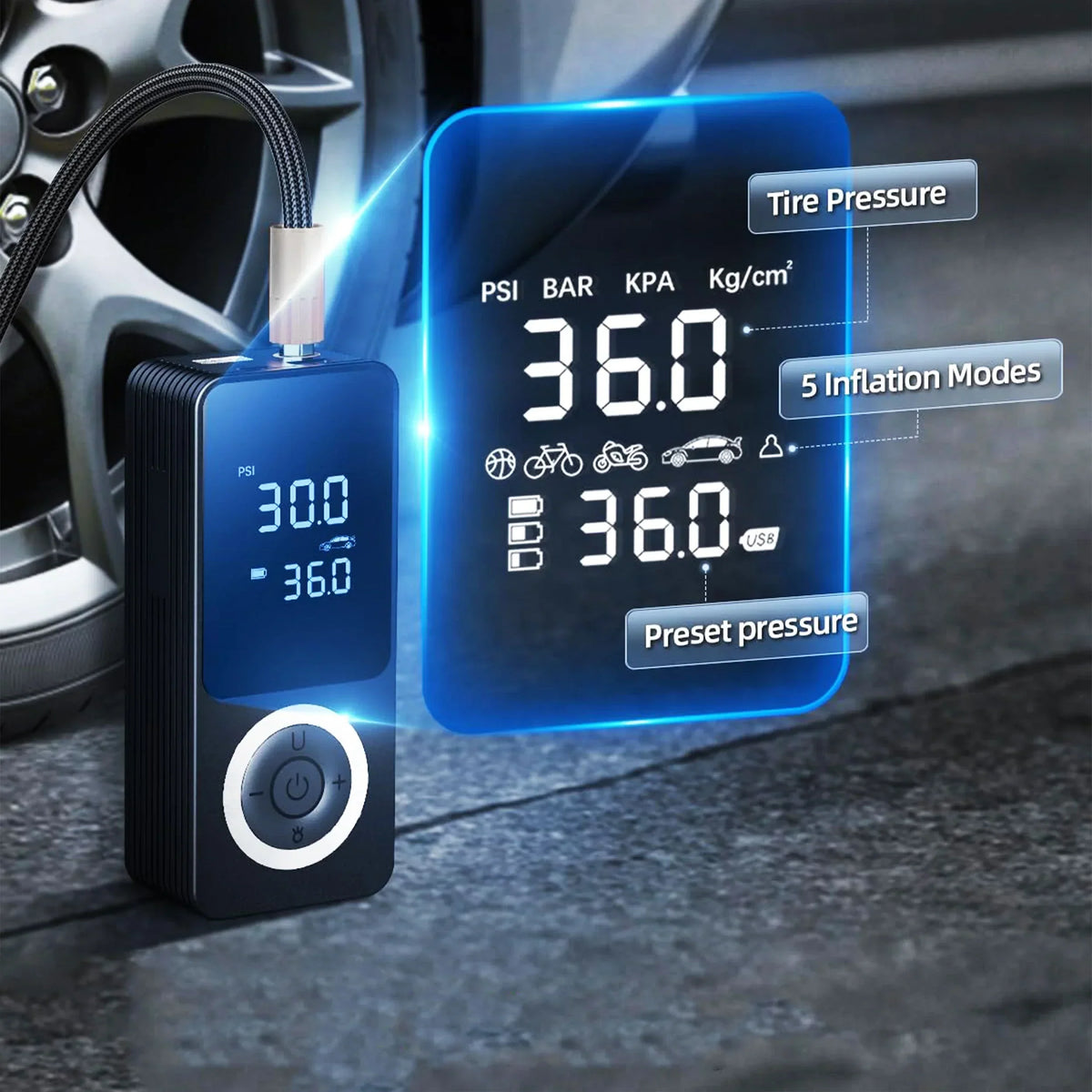 Tire Inflator Travel-Friendly Digital Pump With Auto Shutoff