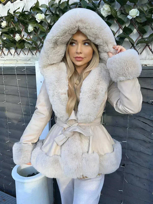 Women's Warm Hooded Coat - Peplum, Suede Like, Citywear
