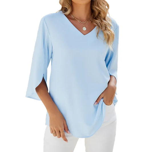 Lightweight V-Neck Women's Blouse, Relaxed Fit Casual Summer Top in Breathable Polyester-1
